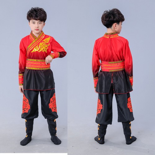 Children blue red gradient Chinese Dragon drum dance costumes for boys kids fan dance suit book Jane  waist drum gong Chinese kung fu uniforms for baby